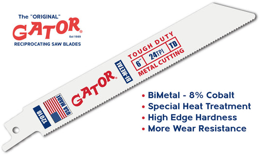 Gator Reciprocating Saw Blades 6" x 3/4" .035" 24tpi - Bi-Metal with Cobalt - USA Made