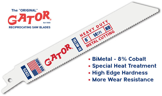 Gator Reciprocating Saw Blades 6" x 3/4" x .050 14tpi - Bi-Metal with Cobalt - USA Made