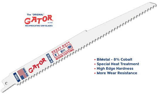 Gator Reciprocating Saw Blades 9" x 3/4" x .050" 6tpi - Bi-Metal with Cobalt - USA Made