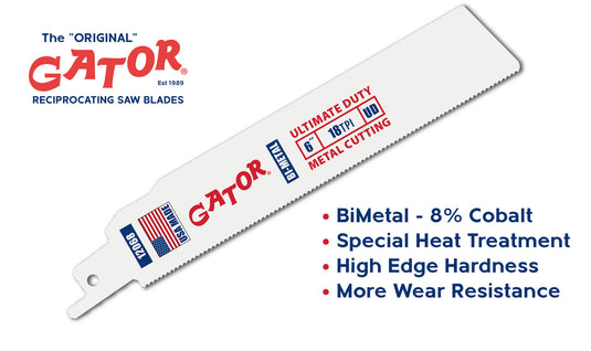 Gator Reciprocating Saw Blades 6" x 1" x .042" 18tpi - Bi-Metal with Cobalt - USA Made