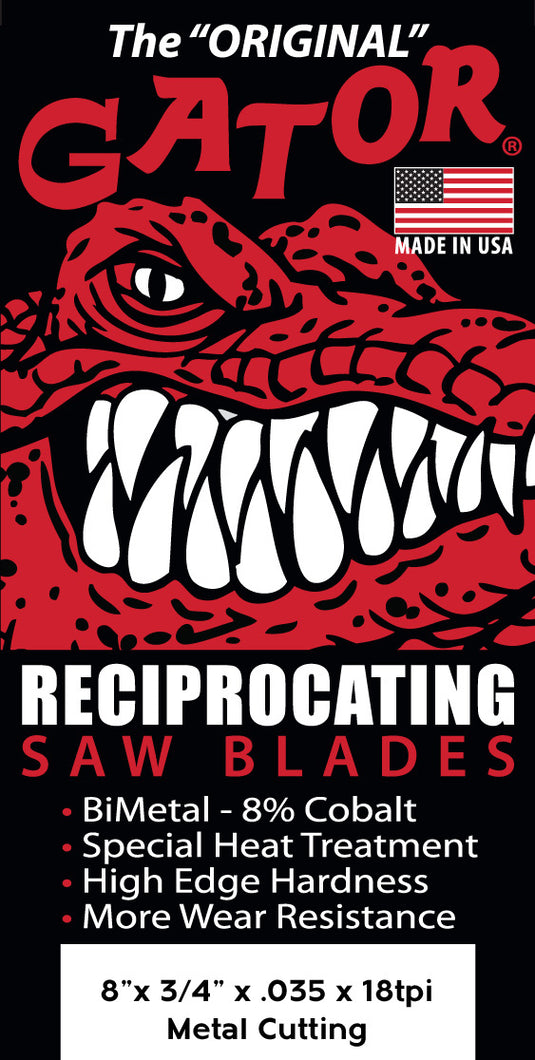 Gator Reciprocating Saw Blades 8" x 3/4" x .035 18tpi - Bi-Metal with Cobalt - USA Made
