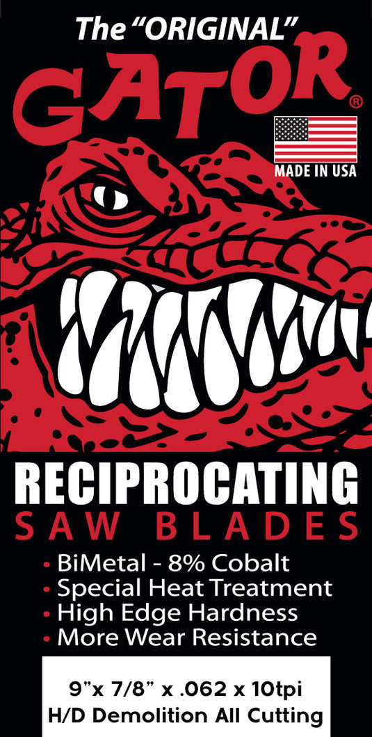 Gator Reciprocating Saw Blades 9" x 7/8" x .062" 10tpi - Bi-Metal with Cobalt - USA Made