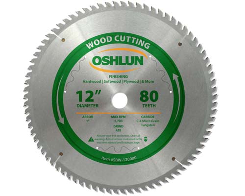 Wood Cutting Saw Blades Carbide 12" x 1" x 80T - 0.134" Kerf - ATB Grind