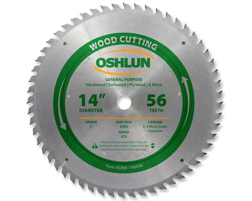 Wood Cutting Saw Blades Carbide 14" x 1" x 56T - 0.142" Kerf - ATB Grind