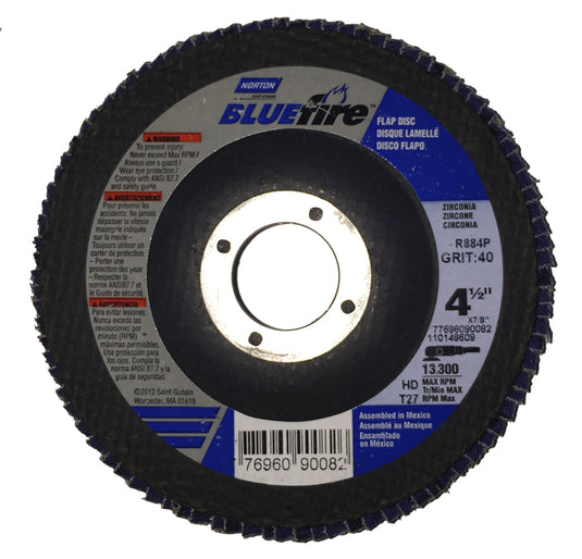 Norton Bluefire 4-1/2"x7/8" 40 Grit Zirconia Flap Disc 10 Pack (90082)