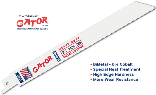 Gator Reciprocating Saw Blades 8" x 3/4" x .050  14tpi - Bi-Metal with Cobalt - USA Made