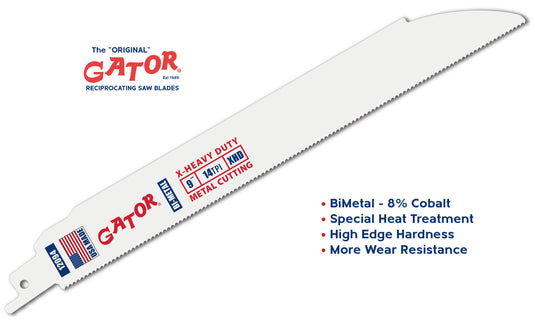 Gator Reciprocating Saw Blades 9" x 1" x .050"  14tpi - Bi-Metal with Cobalt - USA Made