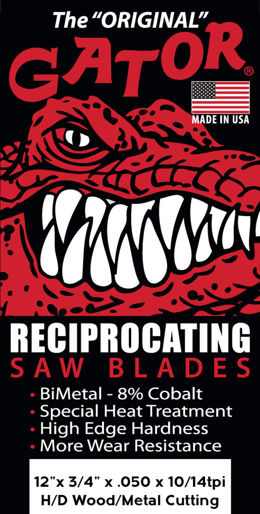 Gator Reciprocating Saw Blades 12" x 3/4" x .050"  10/14tpi - Bi-Metal with Cobalt - USA Made