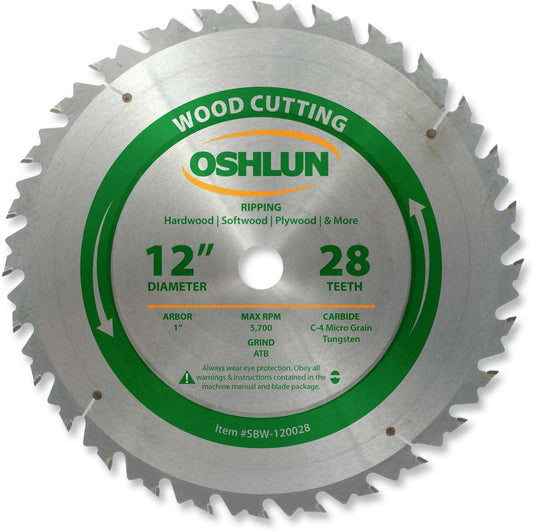 Wood Cutting Saw Blades 12" x 1" x 28T - 0.134" Kerf - ATB Grind